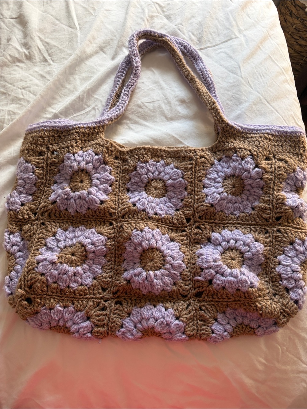 Handmade Crochet Floral Tote Bag in Brown and Lavender